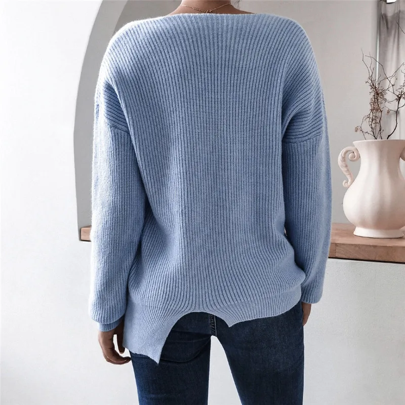 

Casual 2021 V-neck Women Sweaters Winter Fashion Elegant Irregular Loose Knitted Clothes