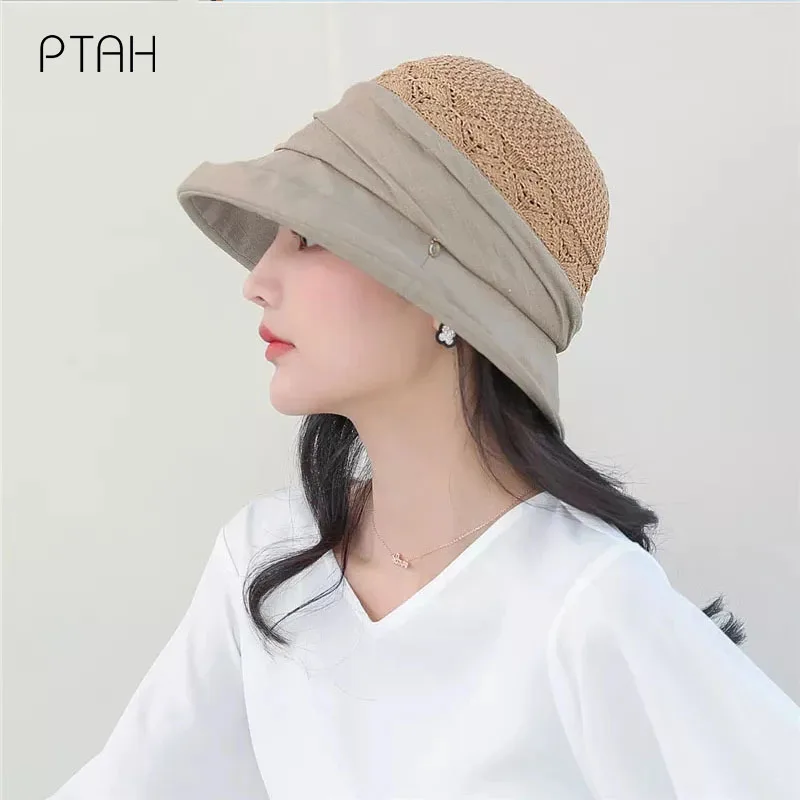 

[PTAH] 2021 New Fashion Sun Hat UPF 50+ Wide Brim Roll-up Straw Lightweight Foldable Beach Hats Breathable Sun Protection Visors