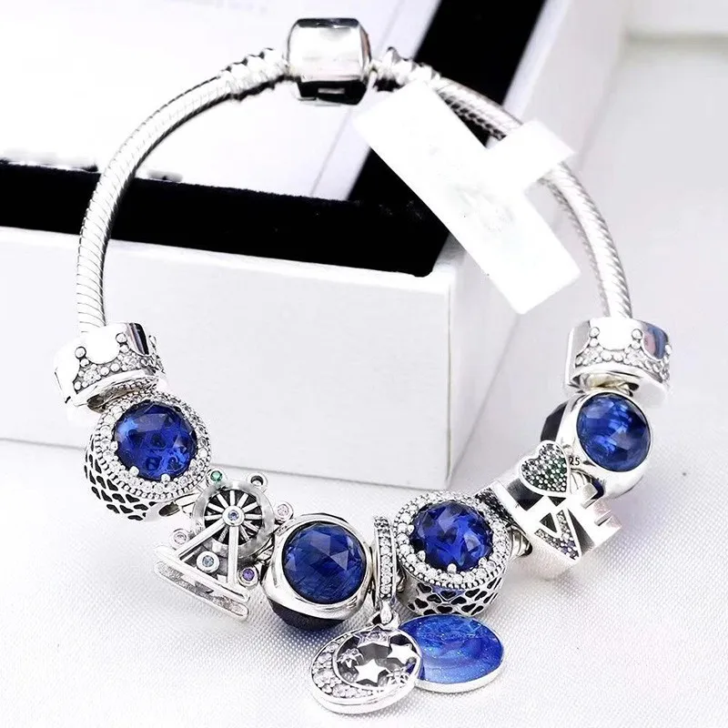 

New 925 Sterling Silver Blue Star Pendant Cat's Eye Beads With Classic Button Bracelet Fit Original Pan Charm Diy Jewelry