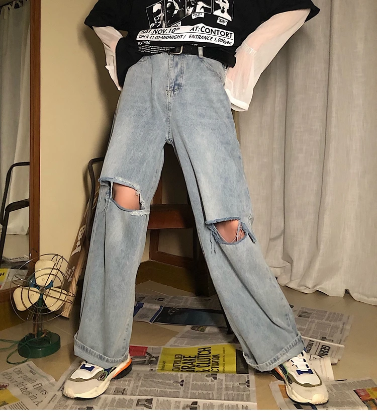 

Ripped Jeans Women's 2021 Fashion New Summer Thin Section Light Blue Straight Loose High Waist Slimming Street Pants for Women