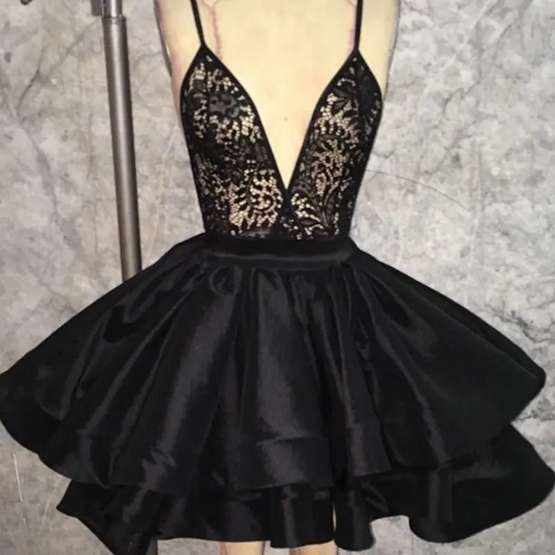 

Black Short Prom gown 2018 Sexy illusion Ball Gowns Party Lace V Neck Sleeveless Women Vestidos de gala bridesmaid dresses