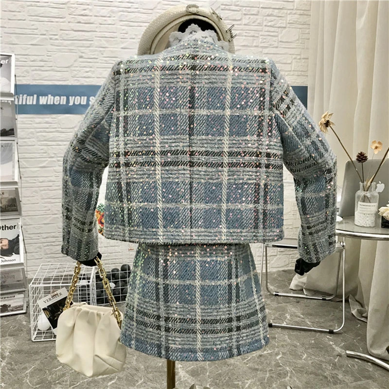 

2021 New Spring Autumn Sequin plaid 2 Piece Set Women Cardigan Short Jacket + Slim Wrap Mini Skirt Office Lady Matching Sets