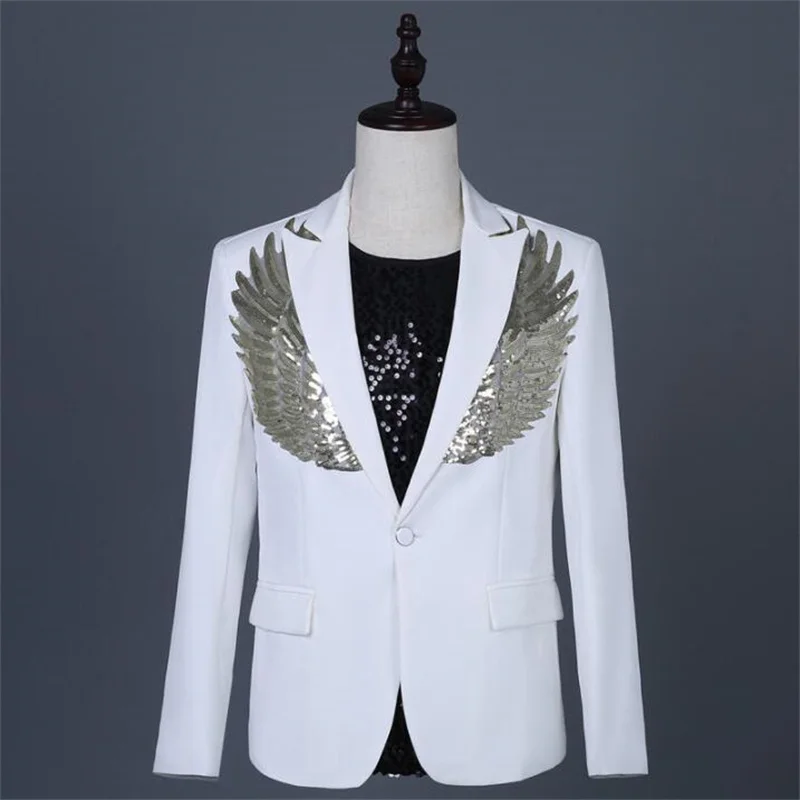 Sequined wings blazers men's suit youth costumes for male singers stage costumes for groomsmen wedding dresses white