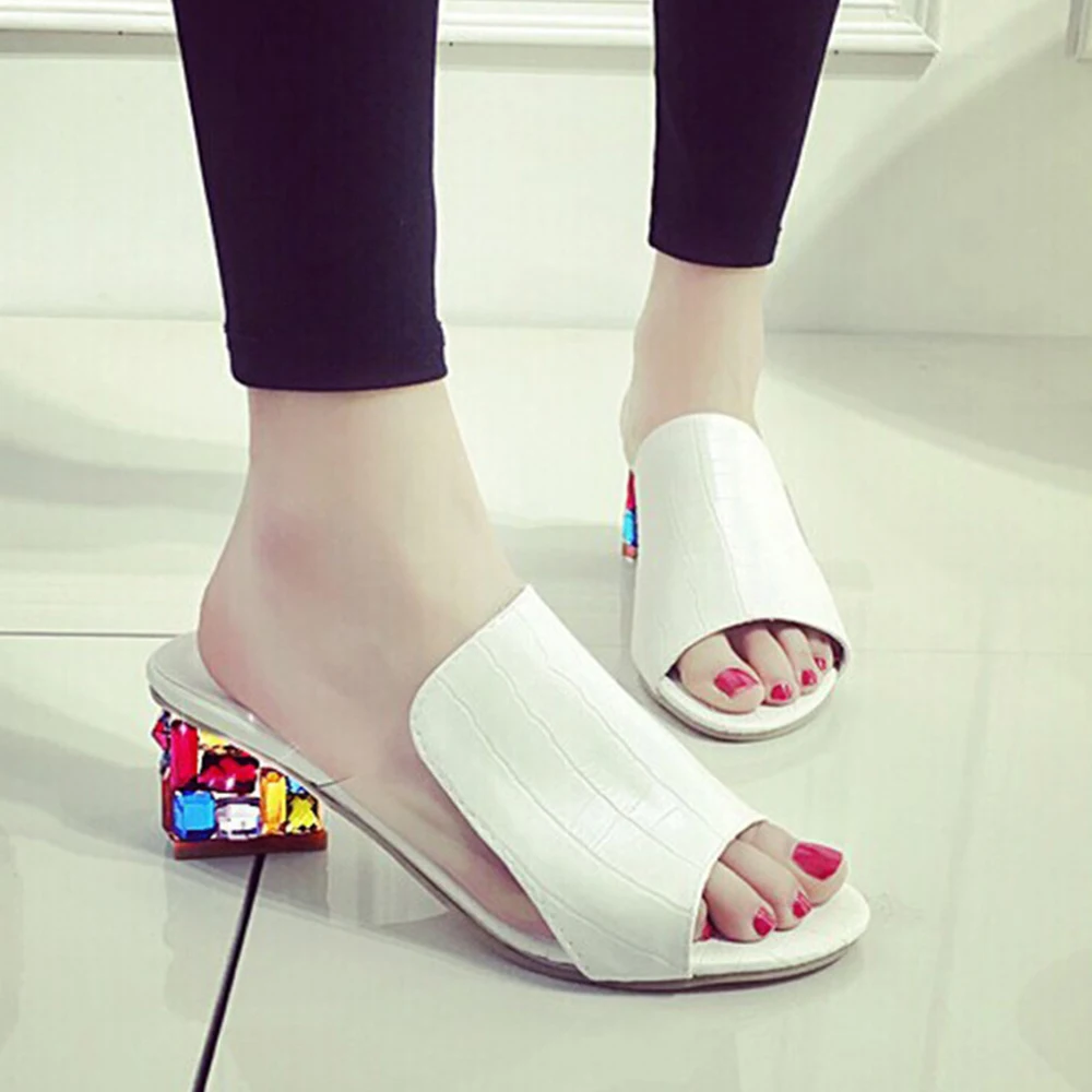 

Sandalias Woman Sandals Shallow Female Rhinestone Ladies Shoes Thick Heel Crystal Plataforma 2022 Summer PU Leather Square Heel