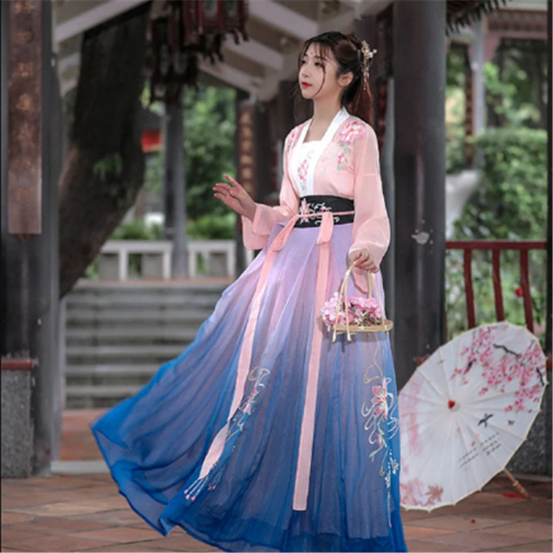 

Summer fairy dress, flower embroidery, fresh and elegant daily and performance dress, lady Hanfu