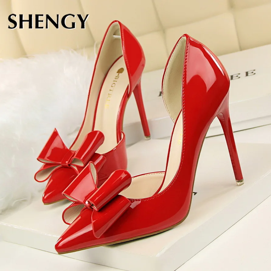 

2020 Office 10.5cm Women High Heels Bow-knot Patent Leather Pumps Pointed Toe Party Autumn Spring Thin Heels Women High Heels