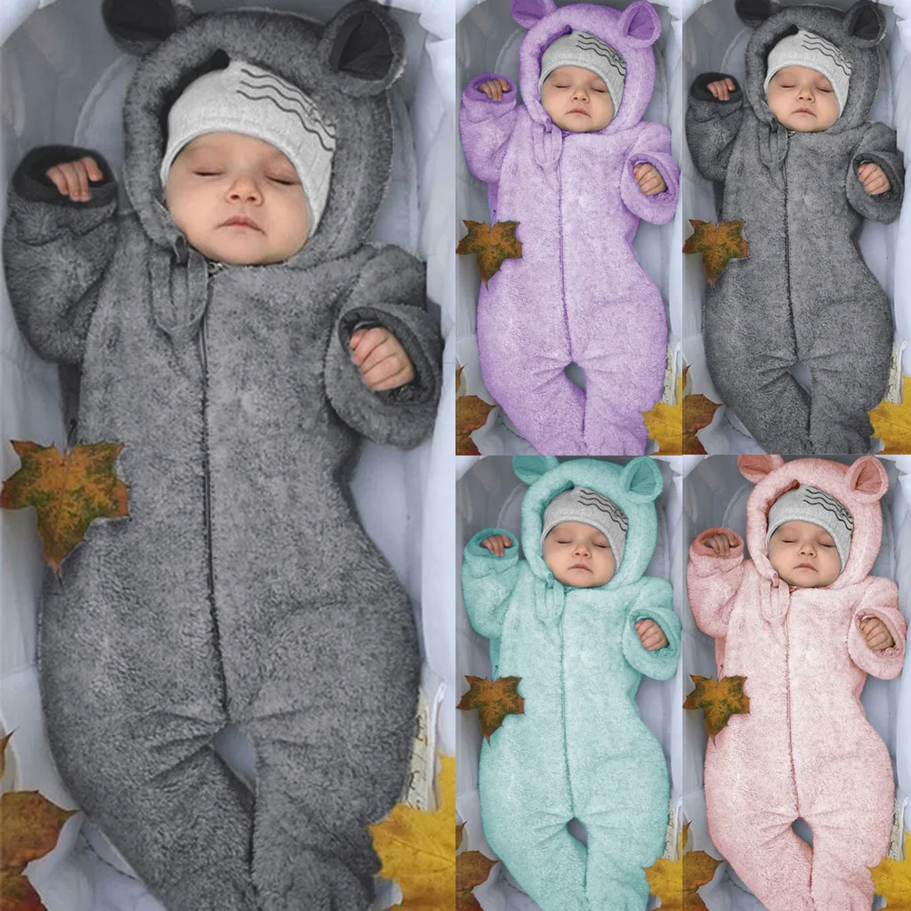 

Newborn Baby Romper Winter Fleece Jumpsuit Baby Boys Clothes Solid Hooded Romper Warm Coat Outwear Baby Girls Clothing