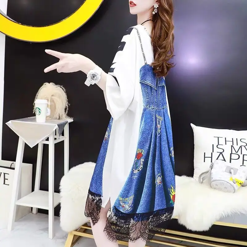 

Western style loose design T-shirt skirt female mid-length summer new fake two-piece short-sleeved t-shirt