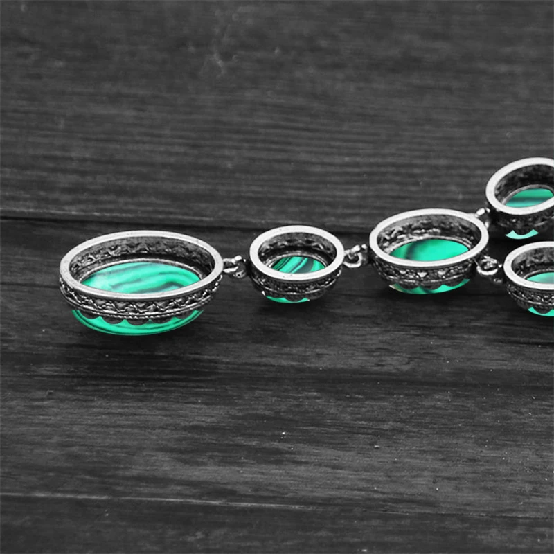 Oval Round Synthetic Malachite Necklace For Women Double Layer Flower Pendant Vintage Antique Silver Plated Fashion Jewelry | Украшения и