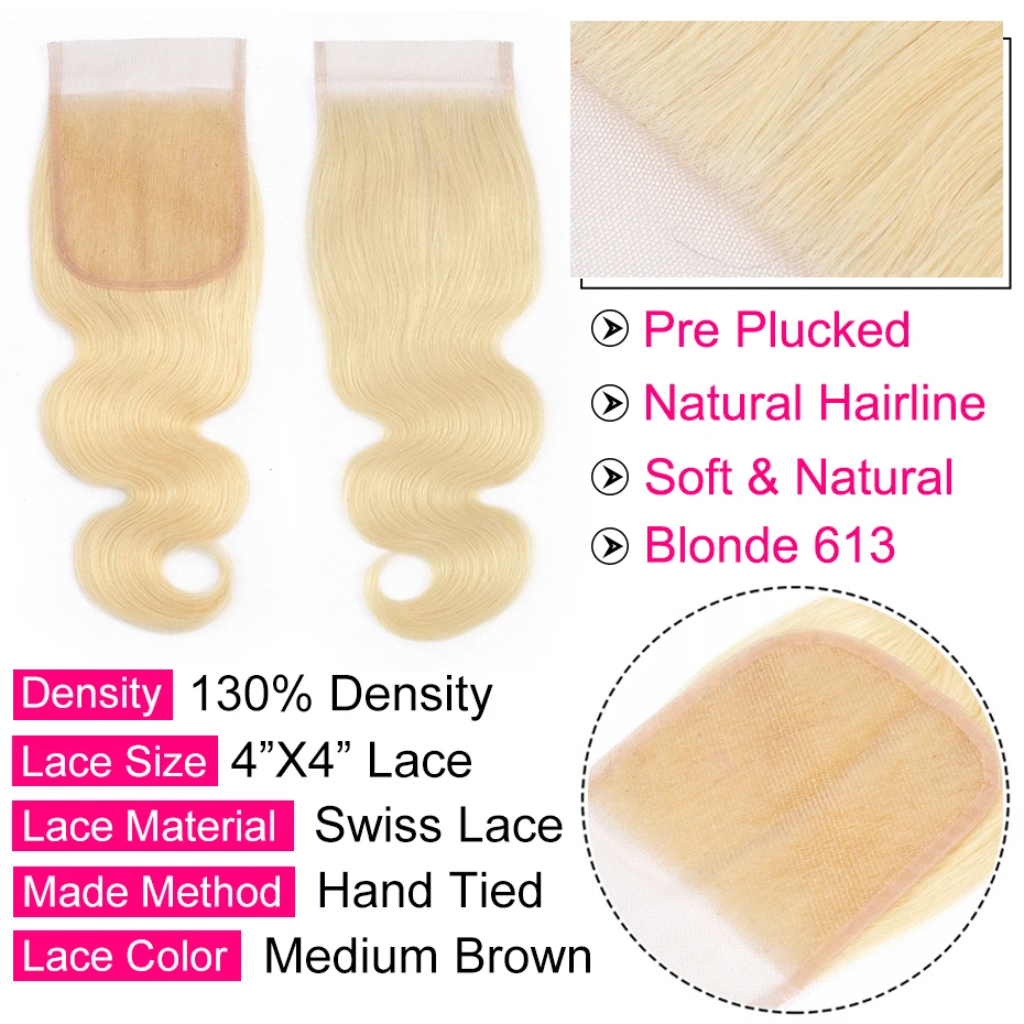Bling hair 1b/613 блонд бразильские волосы объемная волна Кружева Закрытие 4*4