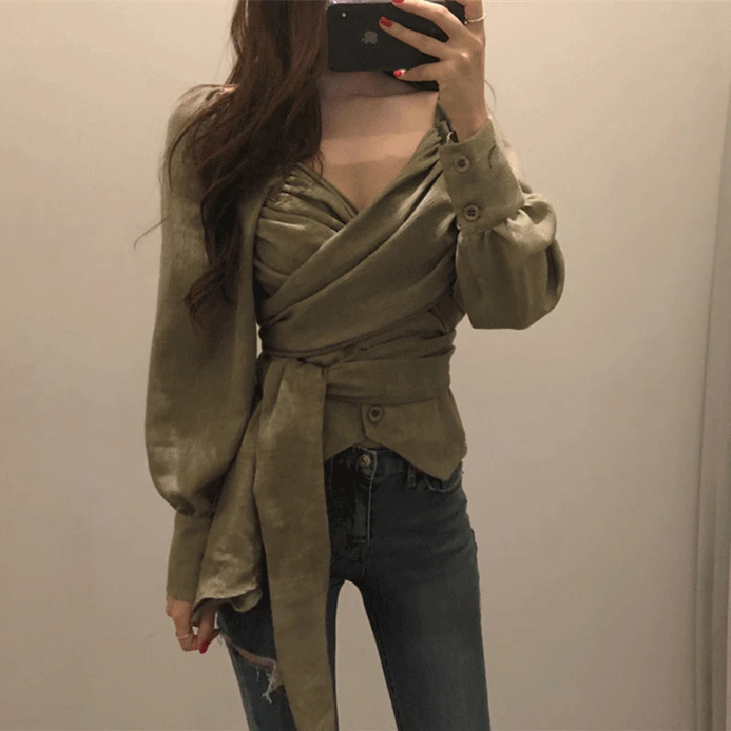 

ins elegant temperament fold v-neck pure color cultivate morality show thin lace jacket female waist long sleeve shirt