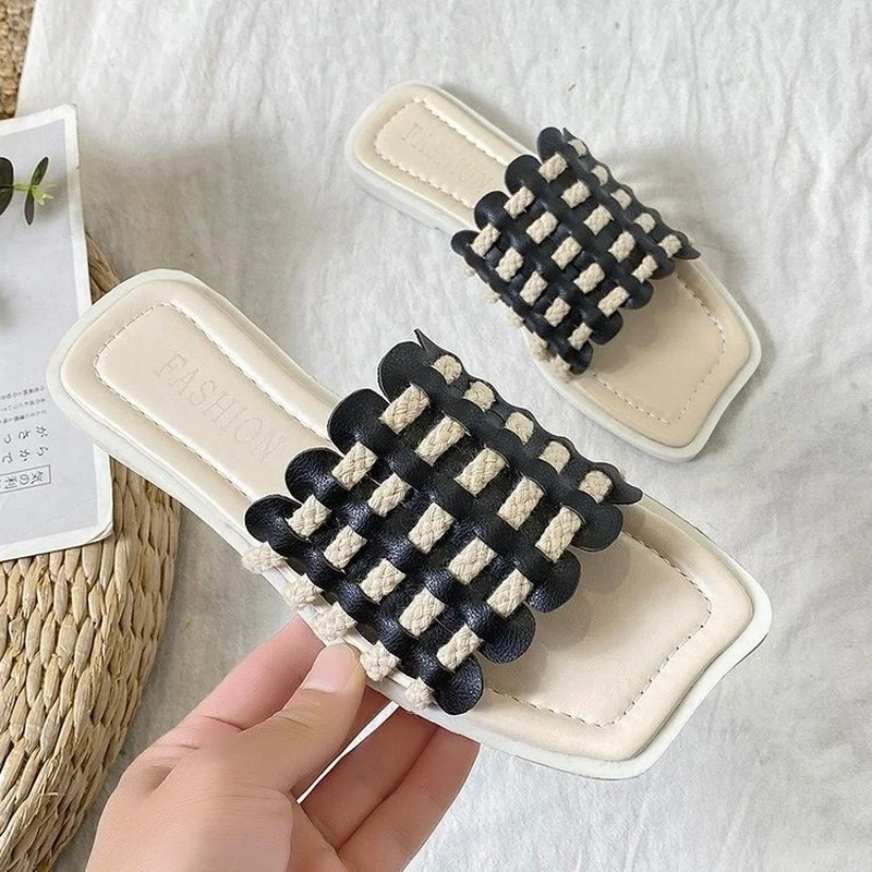 

2021 Summer New Women Slippers Hemp Rope Weaving Square Head Sandals Flat Comfortable Beach Walking Slippers Outdoor Casual Shoe