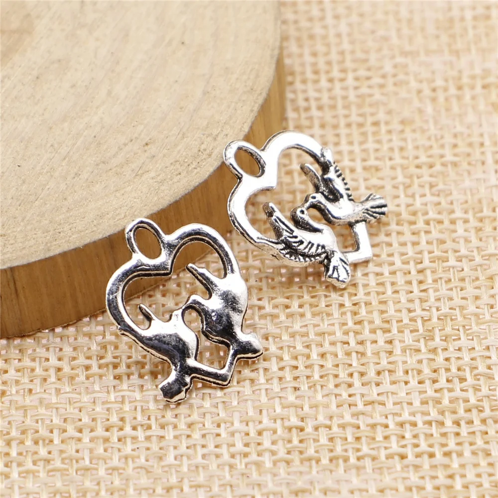 

free shipping 92pcs 18x14mm antique silver Heart to bird charms diy retro jewelry fit Earring keychain hair card pendant