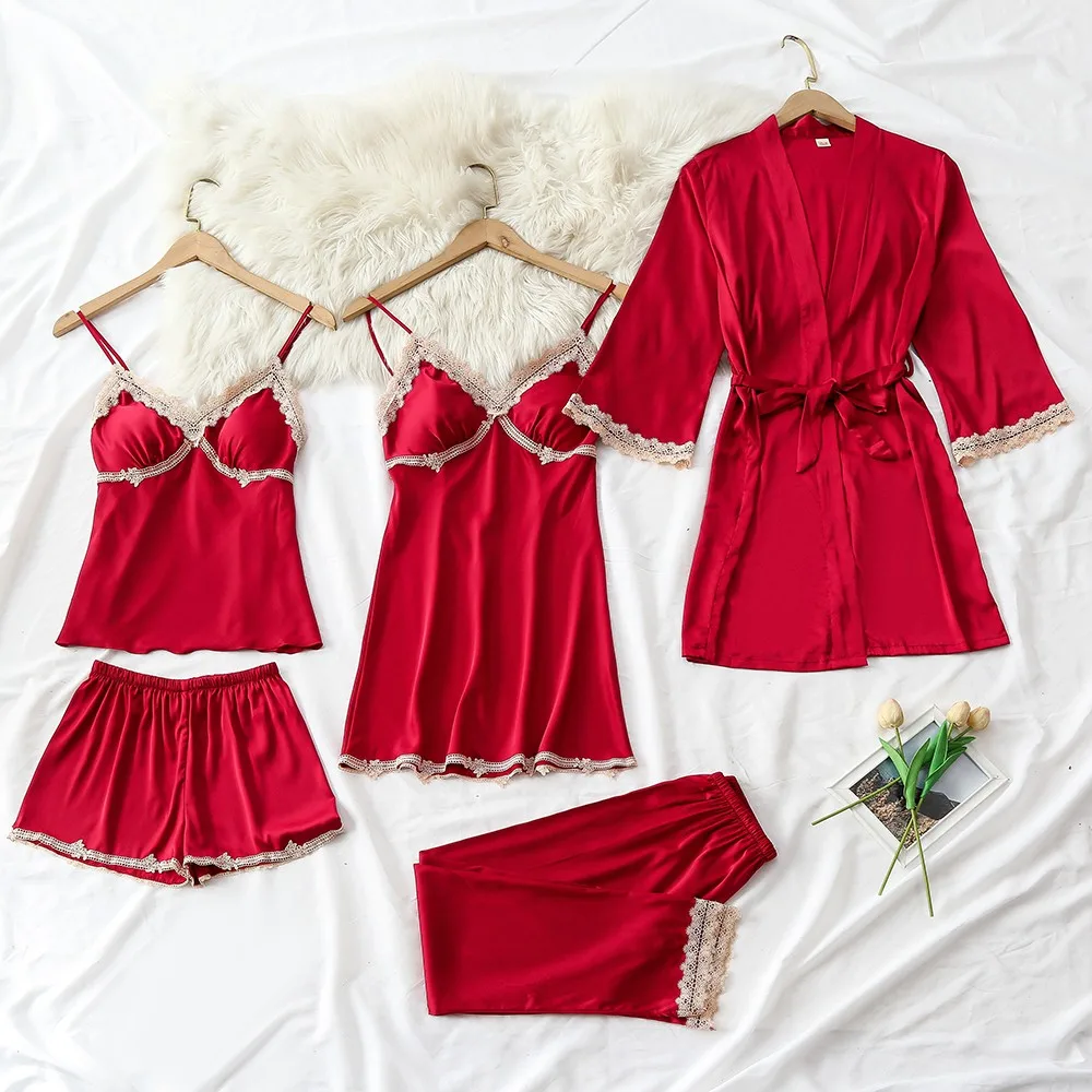 

Satin Sleepwear PJS Set For Women Sexy Pajamas Lace Kimono Bathrobe Gown 2021 New Lounge Wear Lingerie Faux Silk Pyjamas
