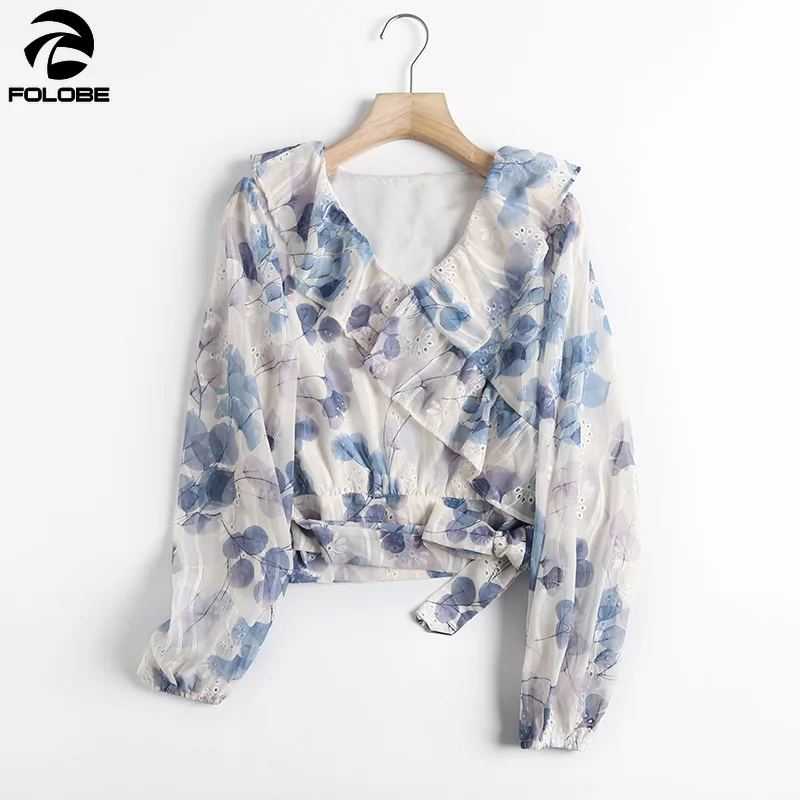 

FOLOBE 2021 Summer Korean Print Shirts Women V-neck Chiffon Ruffles Sashes Lantern Sleeve Embroidery Hole Women Tops Female