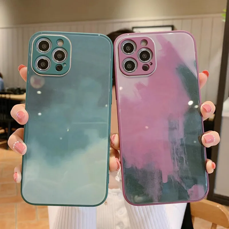 

Glass Watercolour For iPhone Case iPhone 11 Pro 12 Max XR Case X XS Max 7 8 Plus iPhone 12 Mini 6 6S Back Cover Shockproof Shell