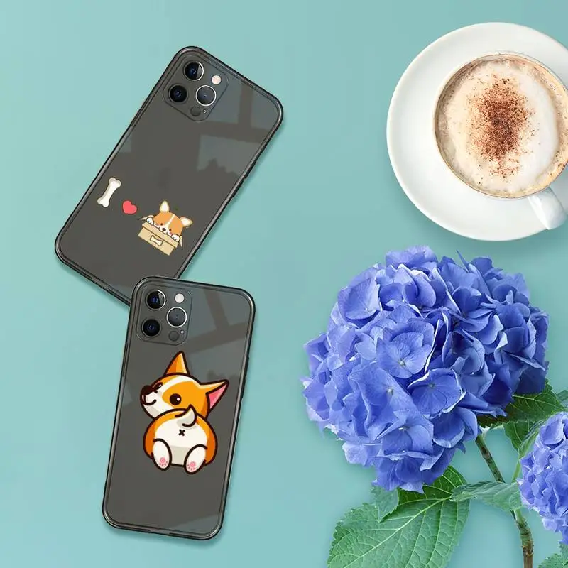 

Cute cartoon corgi dog Phone Case For iPhone 7 8 11 12 X XS XR MINI Pro Max Plus Retro Black Grey clear transparent