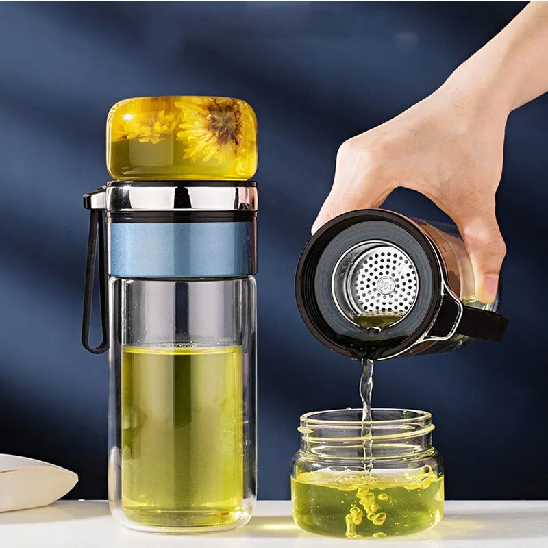 

New Rope Double-layer Glass Cup Customized Tea Maker Gift Glass Water Cup Printed Tea Water Separation Cup
