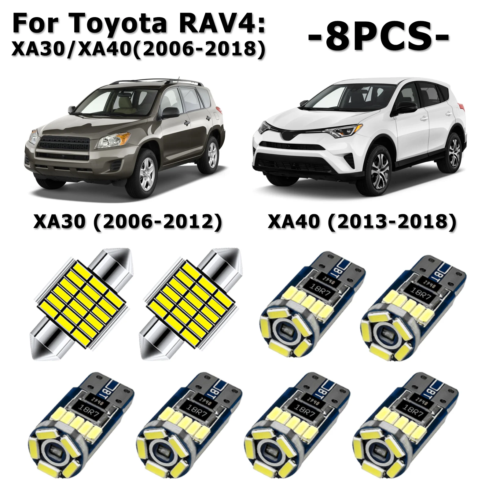 

Для Toyota RAV4 XA20 XA30 XA40 2001-2005 2006-2012 2013-2018 светодиодное Внутреннее освещение номерной знак карта купольная потолочная лампа комплект автомобильных ламп