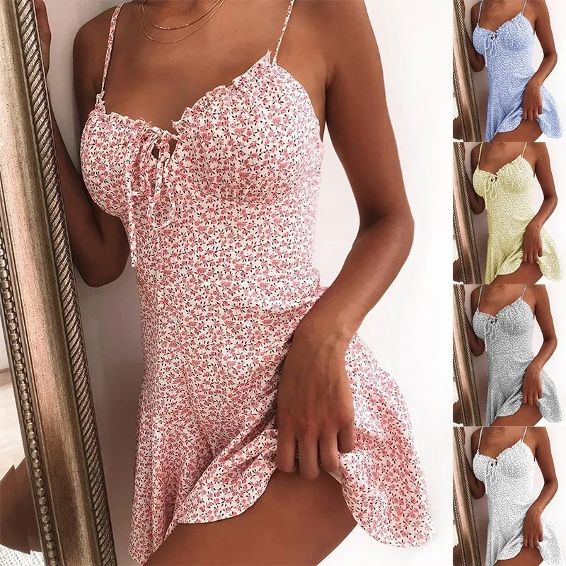 

European and American-style 2020 New Style Hot Selling Women's Summer Sexy Floral Strap Mini Dress Sleeveless A-line Polyester