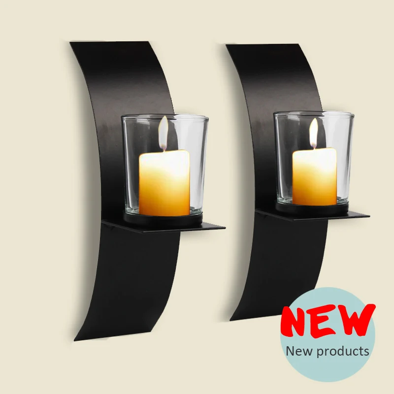 

2pcs Wedding Arch Modern Candlestick Easy Install Birthday Gift Spa With Glass Cup Candle Holder Wall Sconce Iron Art Black