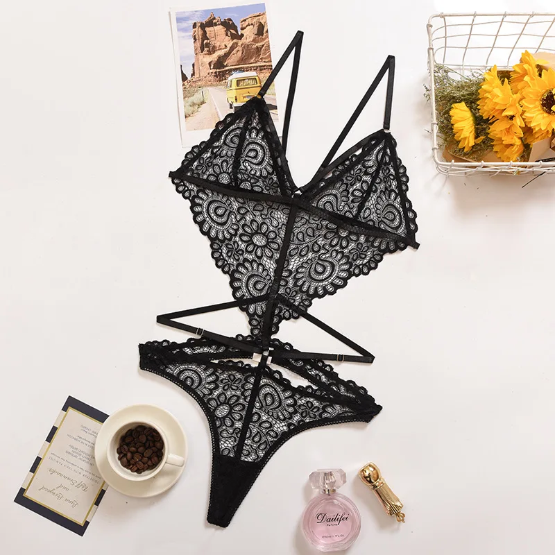 

Sexy Lingerie Lace Print Hollow Out Bra Panty Women Suit Hot Erotic Eyelash Lace Babydoll Female Bandage Leotard