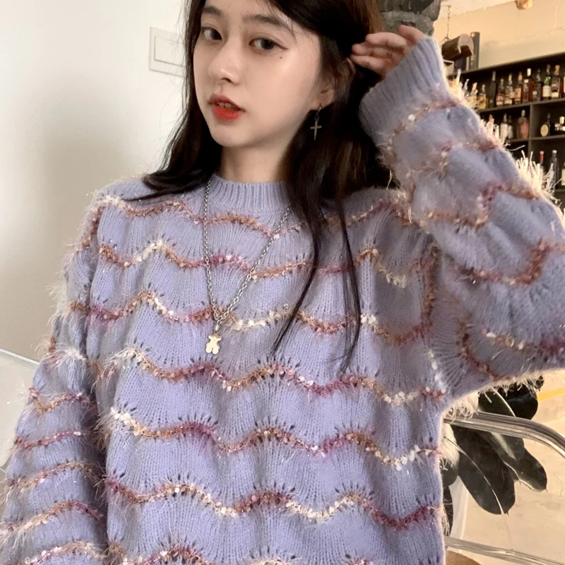 

Anglo-American yuan han edition loose wavy lines make languid is lazy wind long-sleeved sweater joker knitting coat female