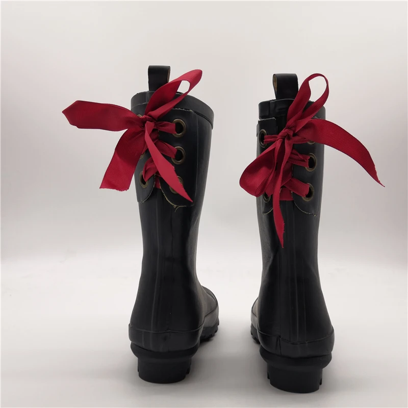 

Flat heel skid proof plain black custom ladies rubber rain boots with bows in back