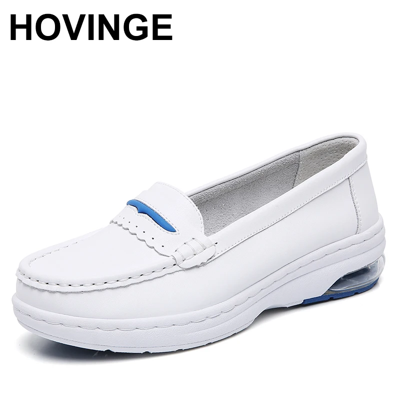 

HOVINGE Genuine Leather Profession Cushioning Casual Shoes Women White Breathable Slip-on Casual Sneakers Ladies Non-slip Walkin