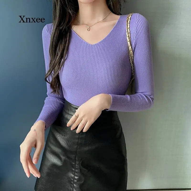 

V Neck Solid Knitted Sweater 2021 Basic Tee Autumn Winter Pullover Women Female Ribbed Slim Long Sleeve Badycon Sweaters Clothes