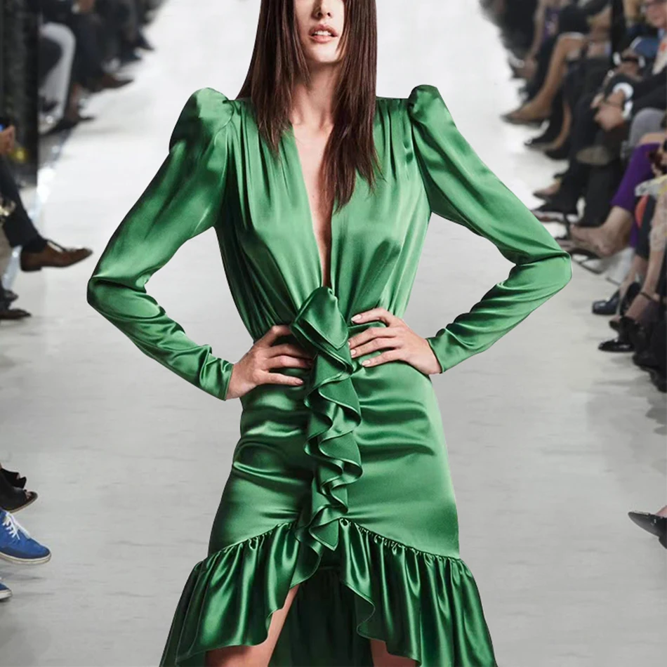 2019 зимнее Трендовое женское зеленое платье с рюшами дизайн длинным рукавом
