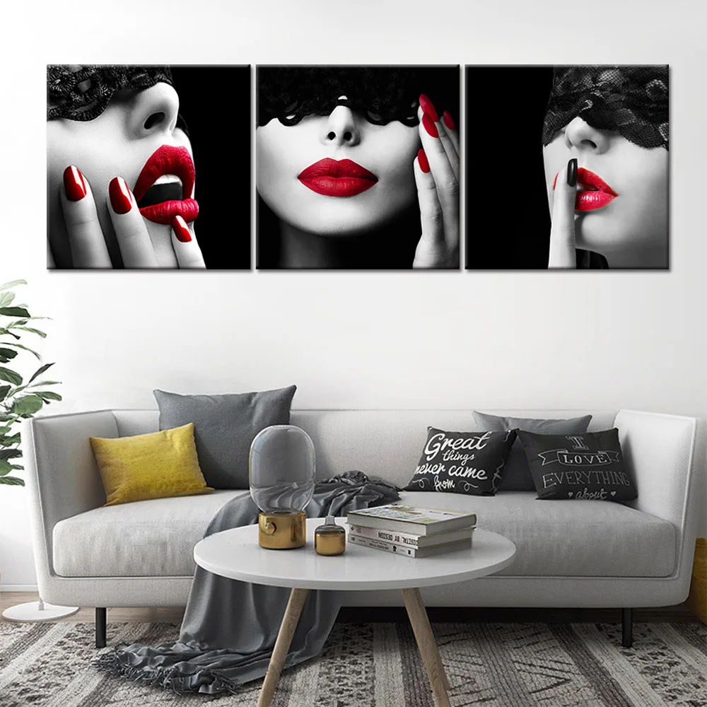 

3 Pieces Sexy Red Lips Girls Make up Wall Art Canvas Picture Home Decor Decorative Paintings for Living Room Bedroom Decoration