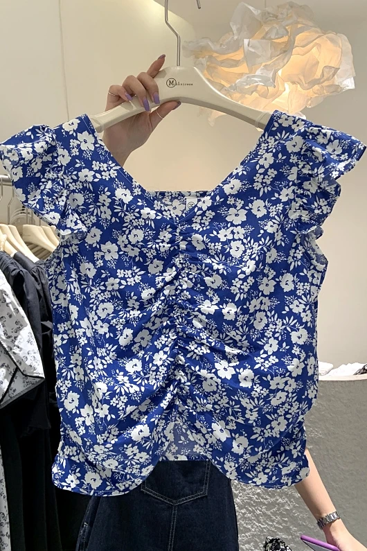 

Pleated Sleeveless Top 2021 Summer New Fashion Temperament V-neck All-Matching Fashionable Floral Shirt Sleeveless Women Blouse