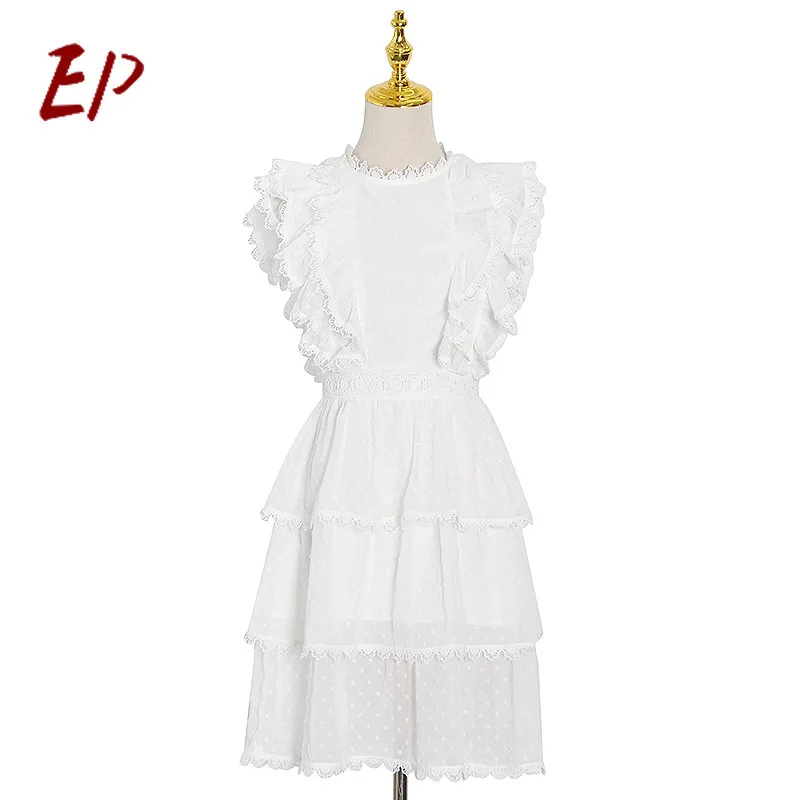 

EP Female Fashion 2021 Summer New Sleeveless White Dress O-Neck Butterfly Sleeve Sweet Dresses For Women
