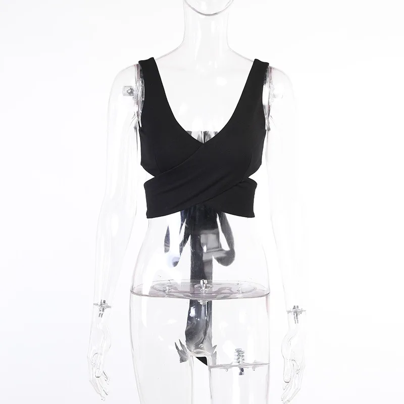 

2021 New Arrivals Summer Fashion Sleeveless V Neck Backless Black Solid Bodycon High Street Women Tops Camis