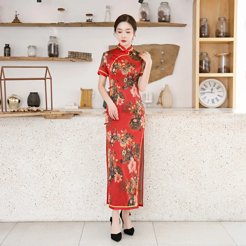 

FZSLCYIYI Wine RedChinese Traditional Woman Print Cheongsam Daily Retro Silk Satin Elegant Qipao Vintage Slim Dress Oversize 4XL