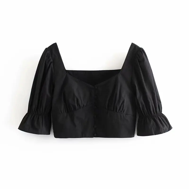 Женская винтажная блузка с коротким рукавом и буффами в стиле ретро | одежда