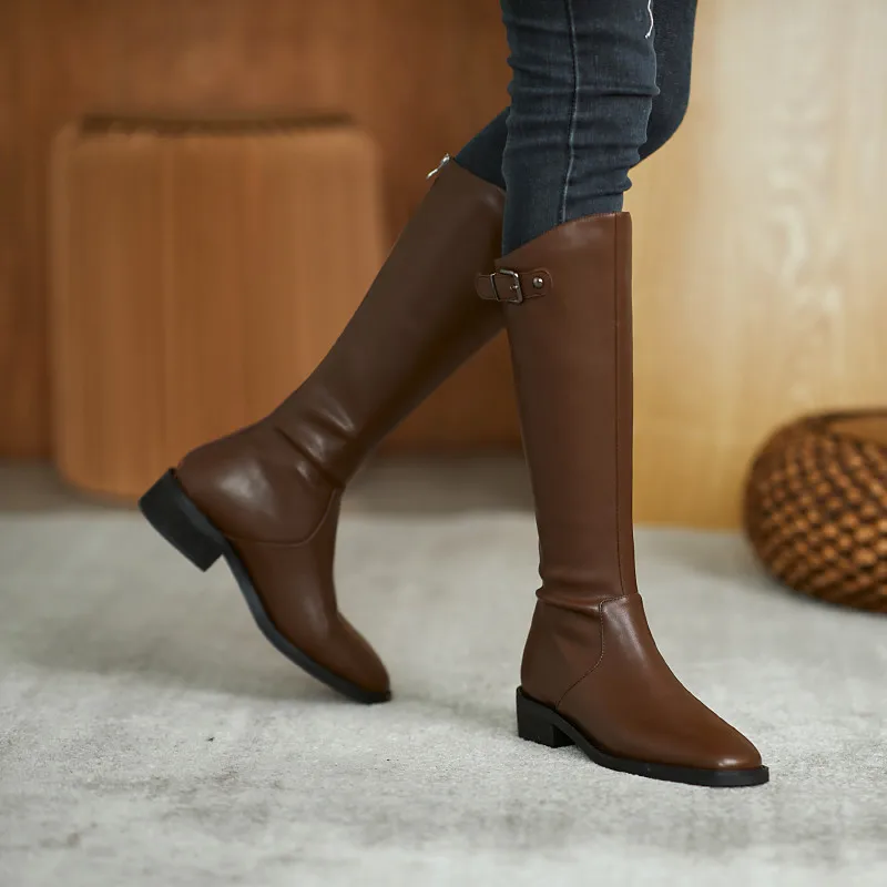 

FEDONAS Metal Buckle Slim Long Shoes Woman Back Zipper Genuine Leather Shoes Woman Heels 2020 Winter Working Knee High Boots