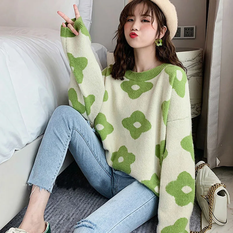 

Женский вязаный Свитер оверсайз с длинным рукавом и круглым вырезом