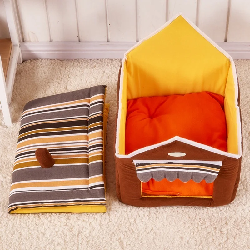 

Dog House Striped Removable Cover Mat Dog Beds For Small Medium Dogs Pet Products House Pet Beds For Cat Velvet Warm Kennel