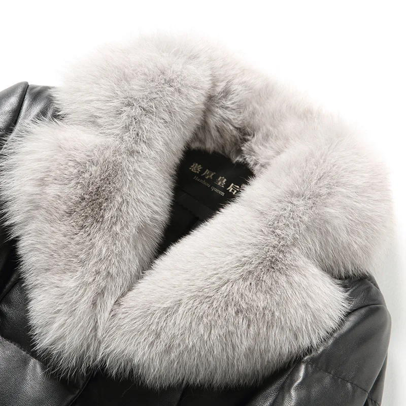 6XL Plus Size Genuine Leather Winter Fox Hair Fur Real Sheep Warm Down Coats Mid-Length Black Turn-down Collar Overcoats Jackets
