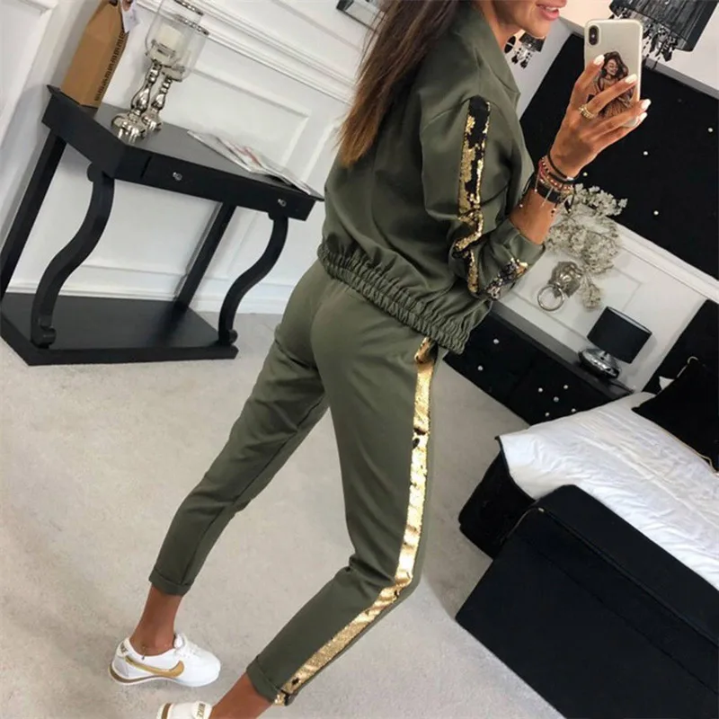 Side Sequined Tracksuit For Women Two Piece Set Autumn Zipper Long Sleeve Patchwork Sports Streetwear Women's Tracksuits