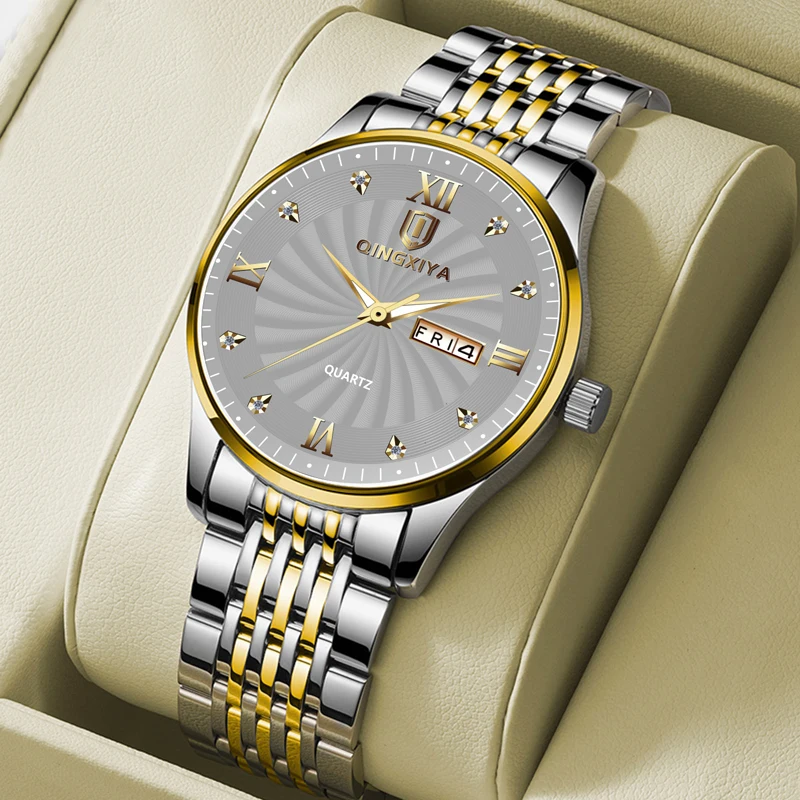 

QINGXIYA 2022 New Stainless Steel Top Brand Luxury Sport Waterproof Luminous Classic Design Men Fashion Gray Quartz Watch 6652