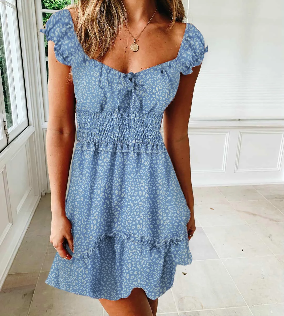 Женское пляжное платье в горошек без рукавов мини трапециевидной формы с