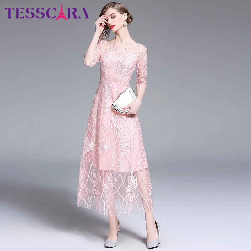 Женское длинное розовое Сетчатое платье TESSCARA с вышивкой женское высокого