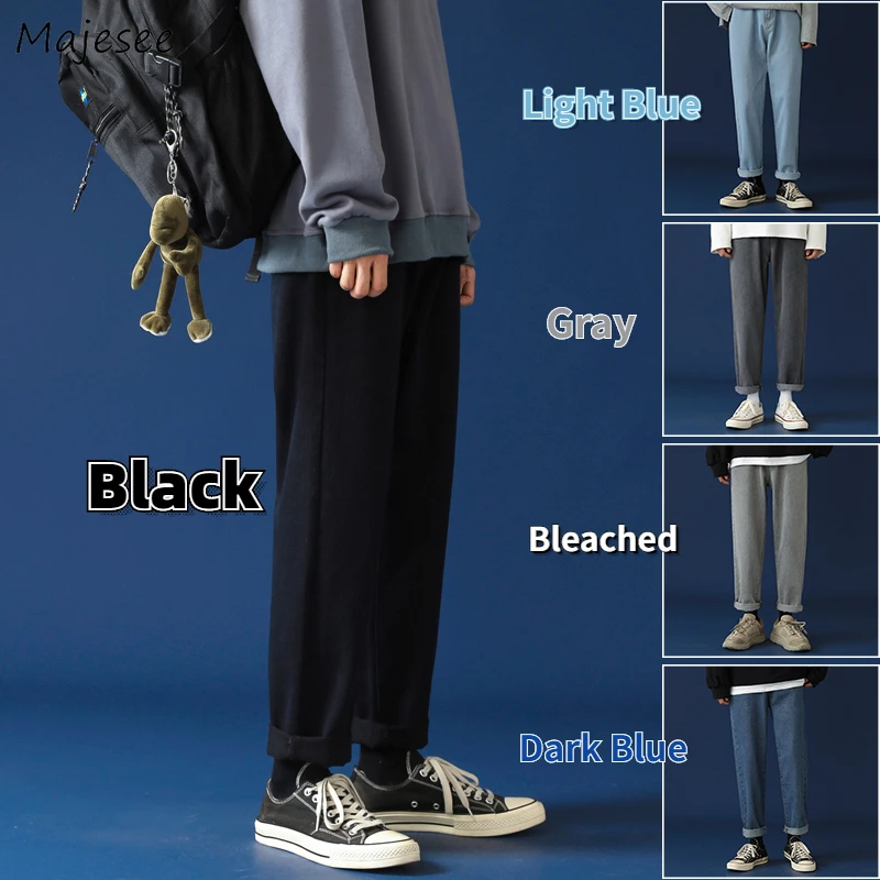 

Jeans Men High Street Straight Washed Simple Daily Students Trousers Retro Korean Style All-match Plus Size S-3XL Solid Classic
