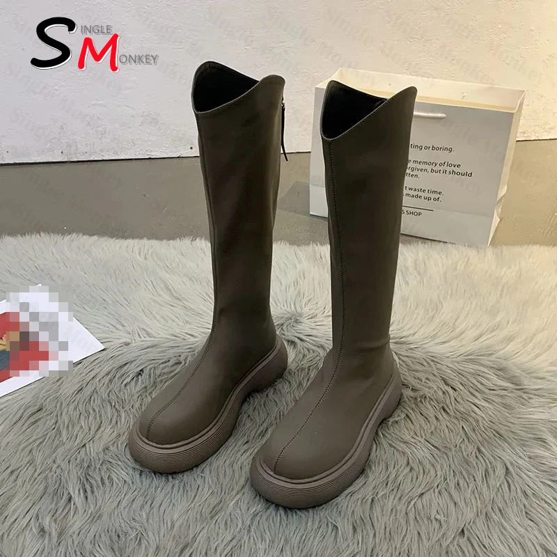 

Женские мотоциклетные сапоги до колена, Дизайнерские Сапоги из искусственной кожи на платформе, на молнии, Осень-зима