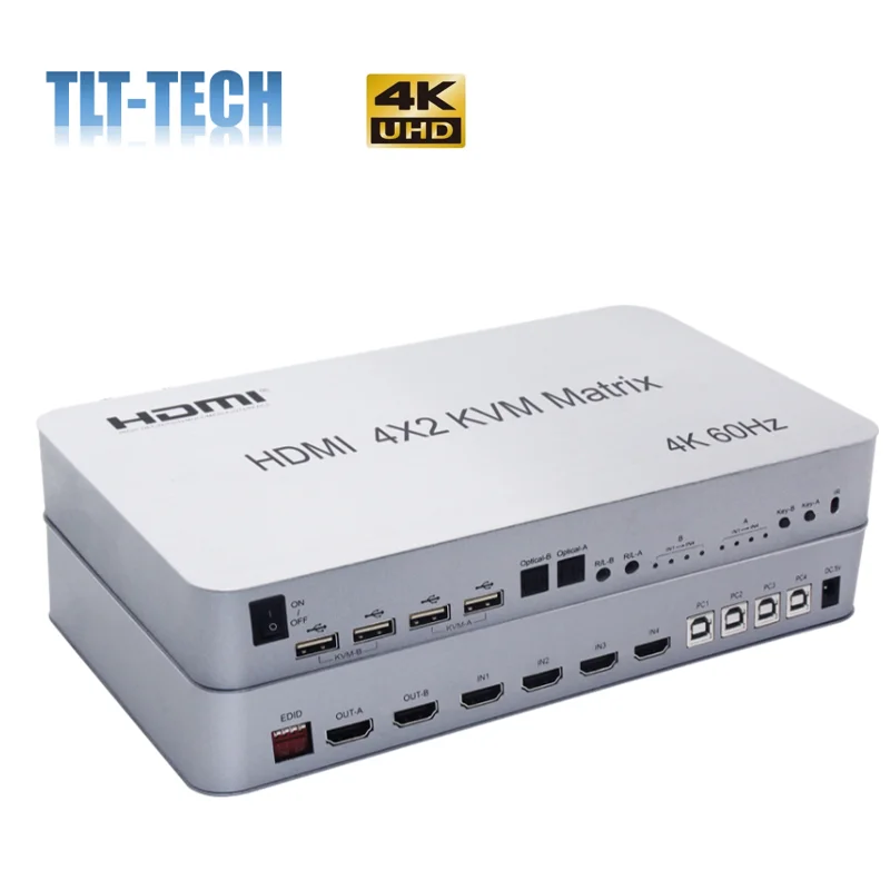 4x2 HDMI KVM Matrix Audio Video Switch Splitter 4 Input 2 Monitor Dual Display 4K 60Hz USB 2.0 Keyboard Mouse Control 4 Computer