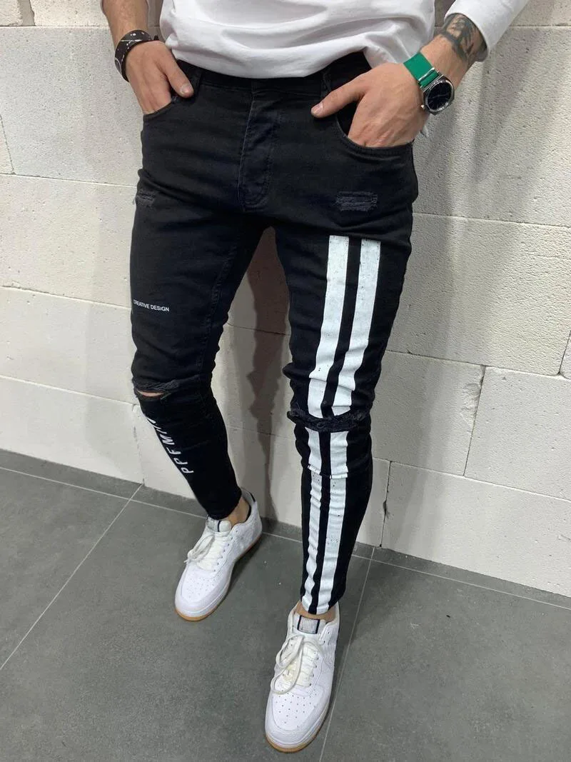 

Printed new 2020 men's self-cultivation ripped feet pants pencil pants casual striped pants paint jeans men