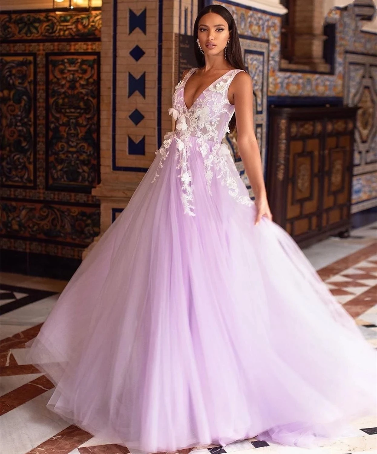 

Color evening Dress Lavender Sleeveless A-line V-Neck evening Gowns Tulle Organza Pleat 3D Hand Flowers Women Tank Gorgeous